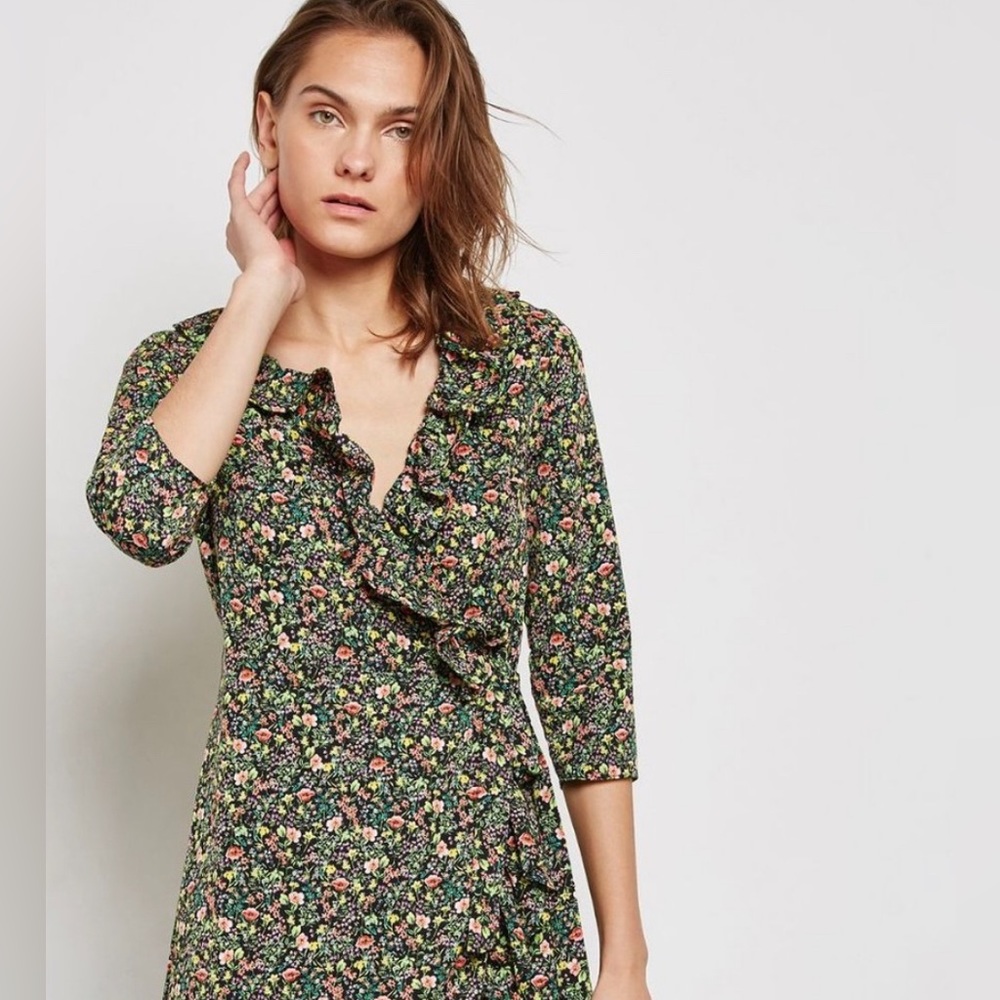 TopShop Green Floral Ruffle Wrap Dress Size 4 - Picture 2 of 8